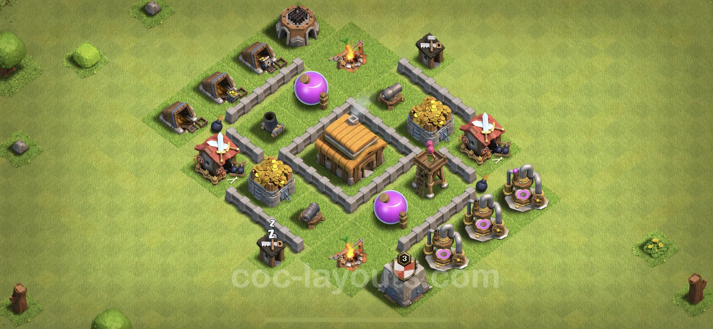 Base TH3, Hybrid Max Levels - defence plan / layout / design - Clash of Clans - (#44) — Verdediging TH3