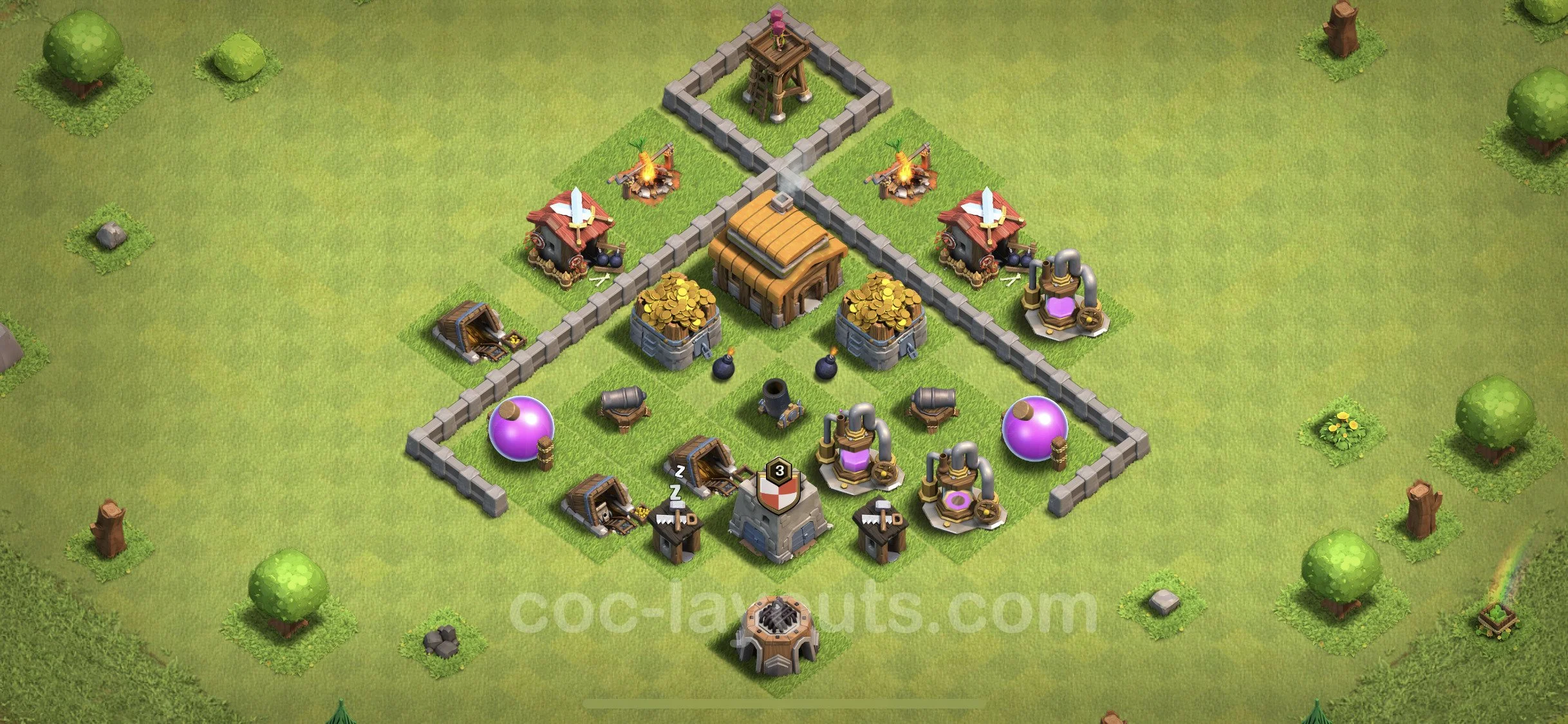 Base TH3, Anti Everything Max Levels - defence plan / layout / design - Clash of Clans - (#92) — Défense TH3