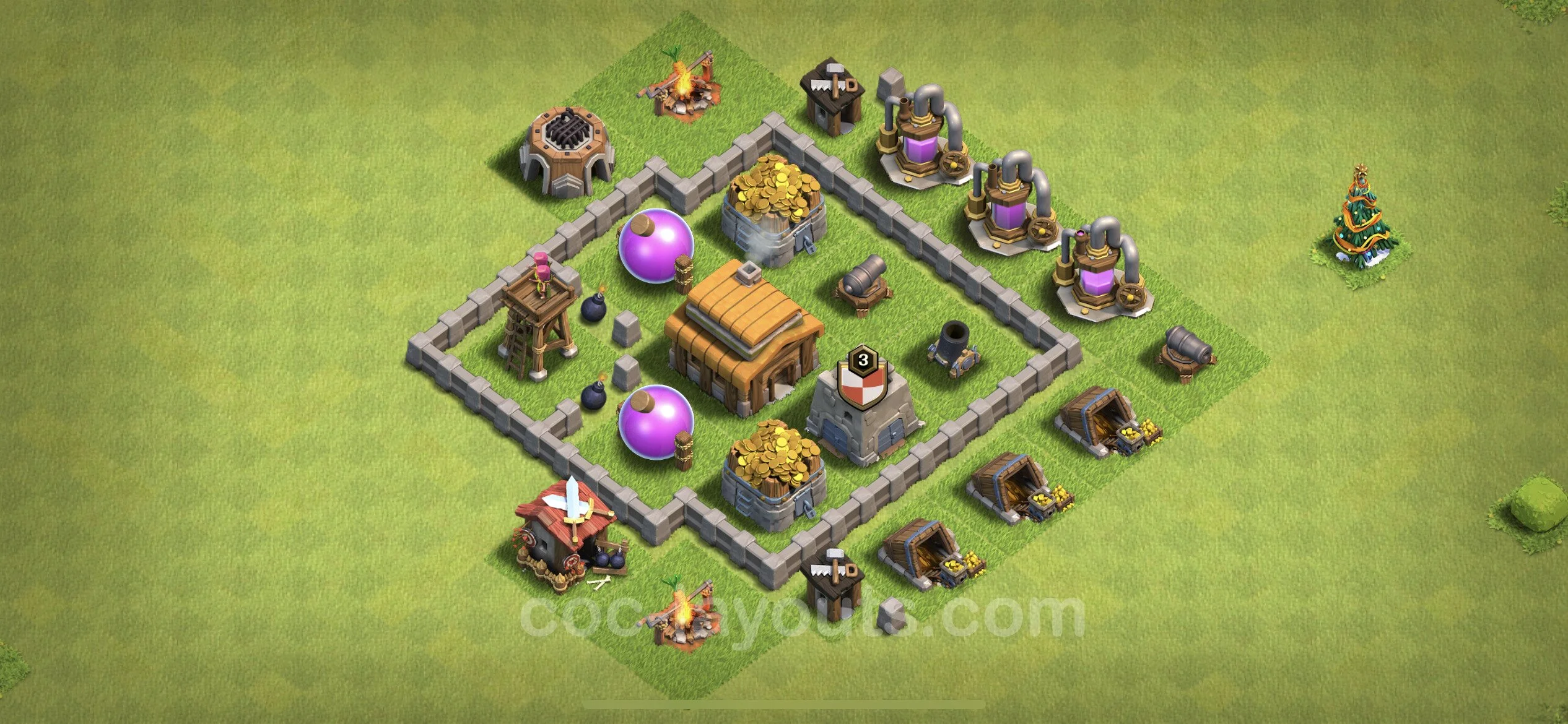 Defense (Trophy) Base TH3, Anti Everything, Hybrid - plan / layout / design - Clash of Clans - (#96) — Defense TH3