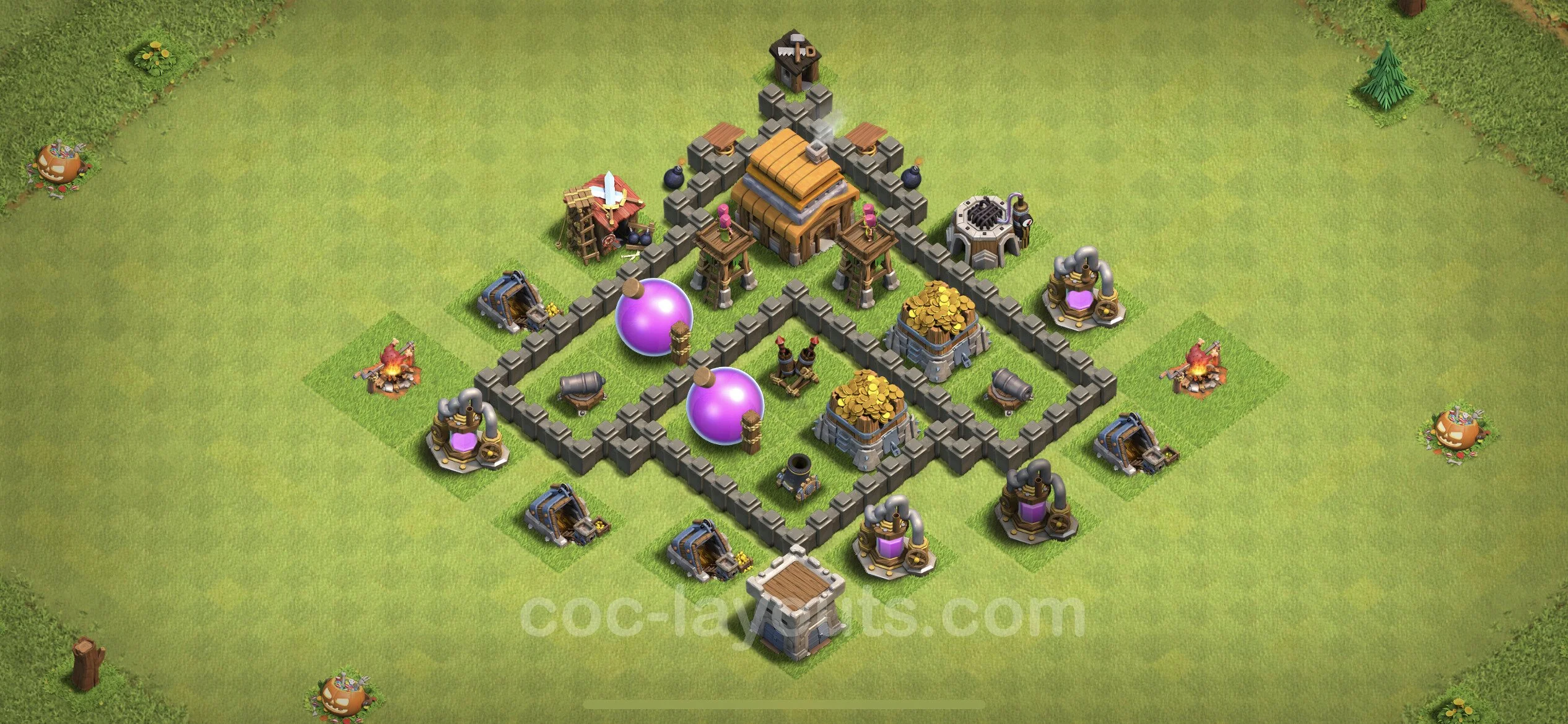 Base TH4 with Link, Anti Air, Hybrid Max Levels - defence plan / layout / design - Clash of Clans - (#113) — Défense TH4