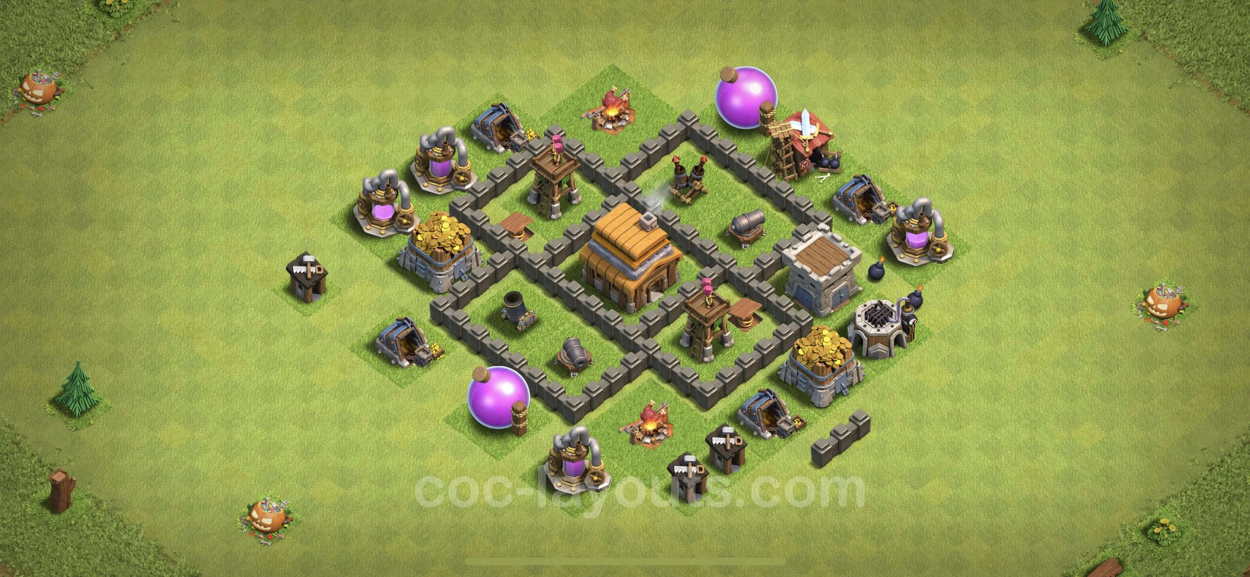 Anti 3 Stars Base TH4 with Link, Anti Everything - best plan / layout / design - Clash of Clans - (#115) — Défense TH4