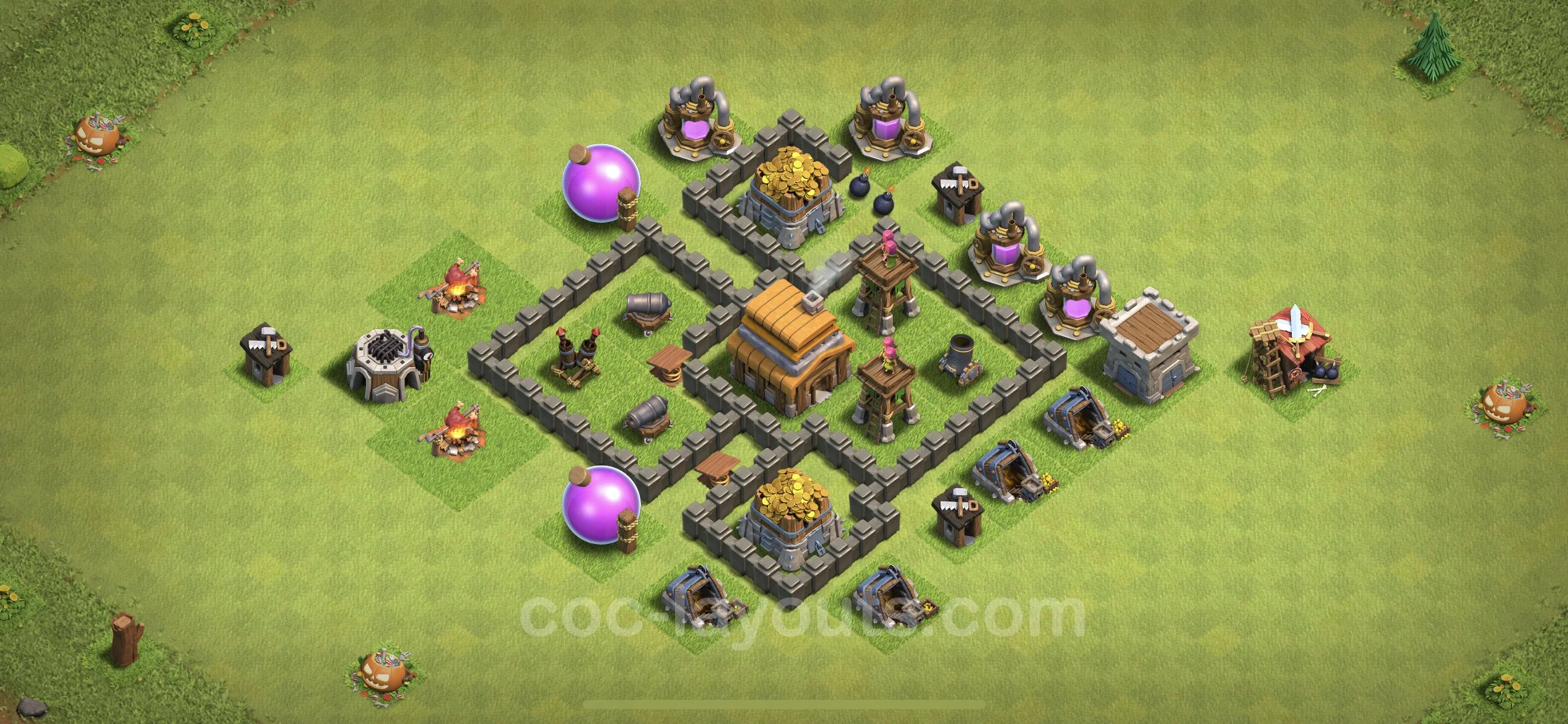 Base TH4 with Link, Anti Everything Max Levels - defence plan / layout / design - Clash of Clans - (#119) — Défense TH4