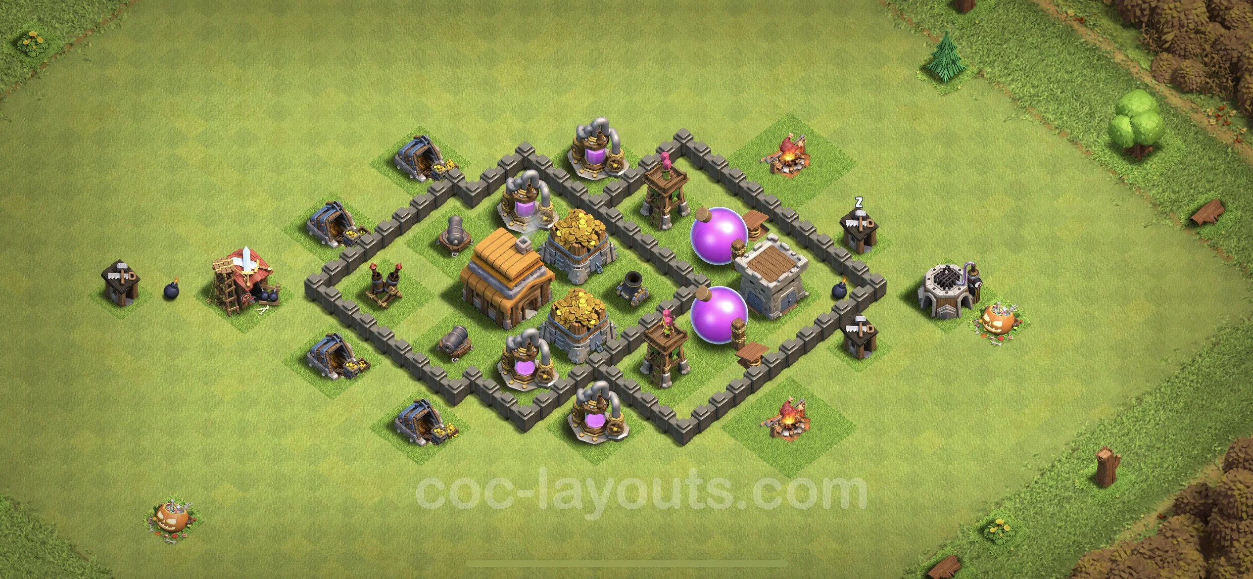 Anti 3 Stars Base TH4 with Link, Hybrid - best plan / layout / design - Clash of Clans - (#121) — Verdediging TH4