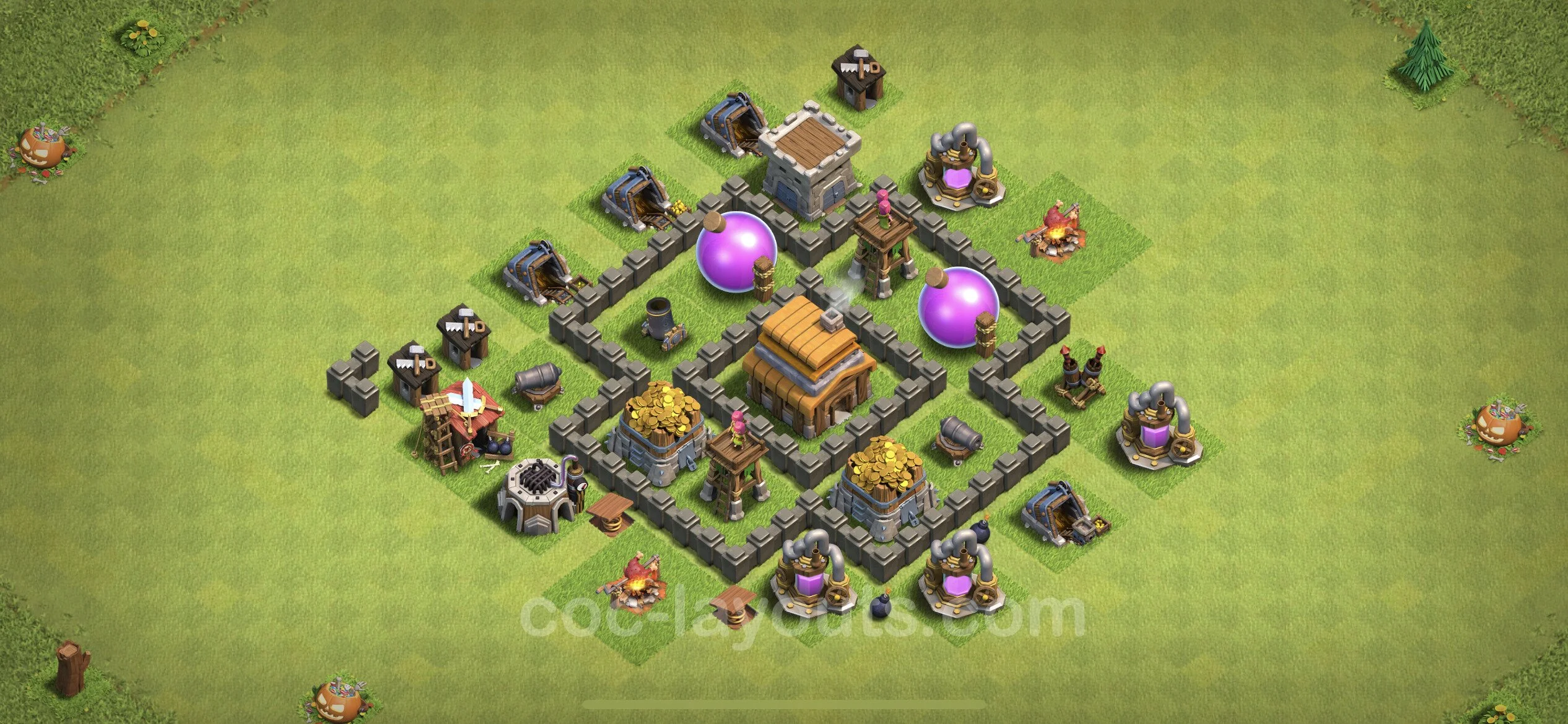 Base TH4 with Link, Hybrid Max Levels - defence plan / layout / design - Clash of Clans - (#122) — Verteidigung TH4