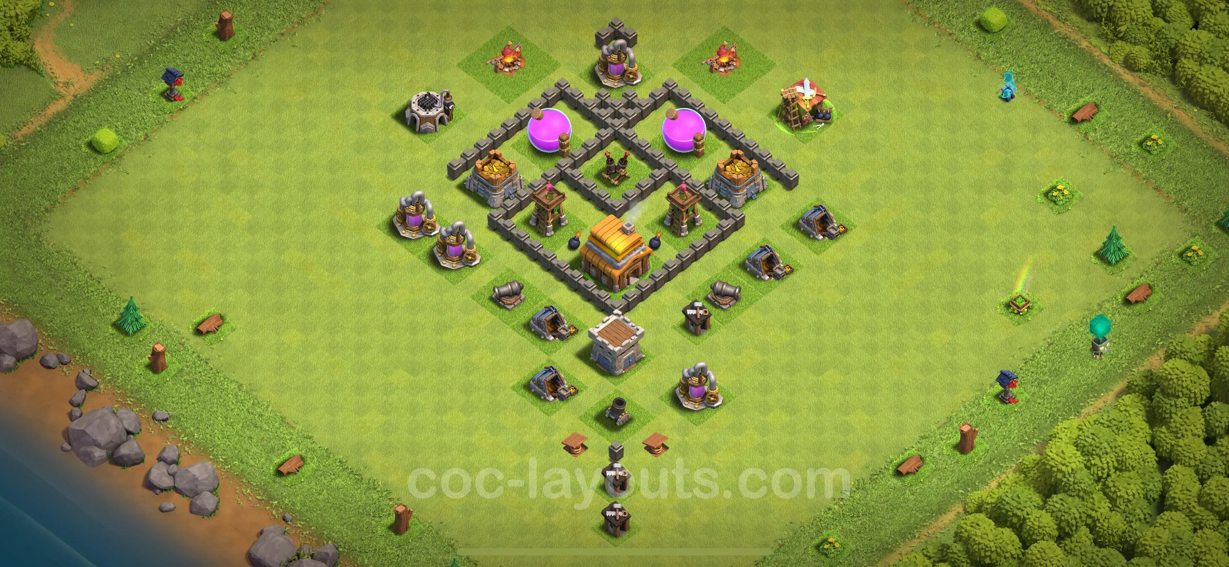Anti 3 Stars Base TH4 with Link, Anti Everything - best plan / layout / design - Clash of Clans - (#123) — Défense TH4