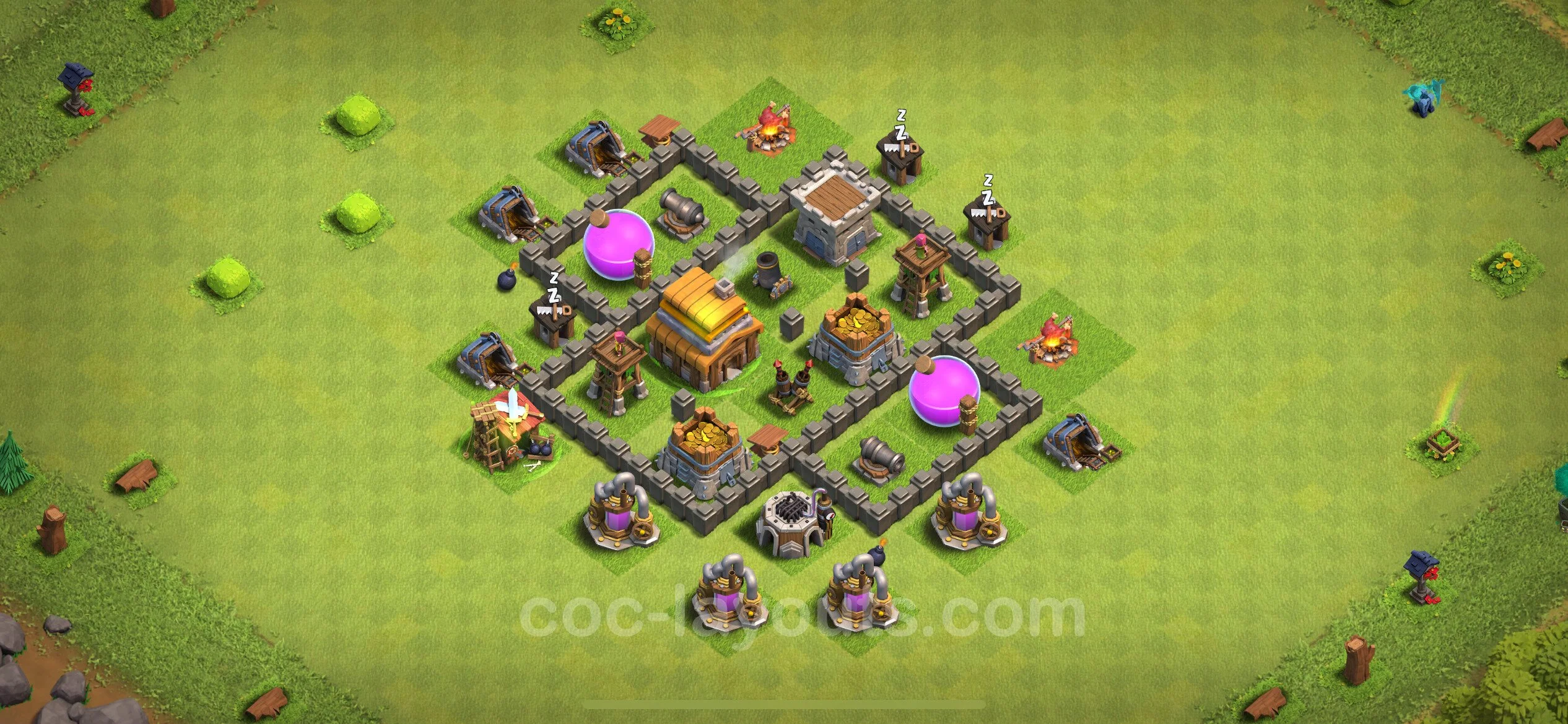 Anti 2 Stars Base TH4 with Link, Hybrid - best plan / layout / design - Clash of Clans - (#125) — Verdediging TH4