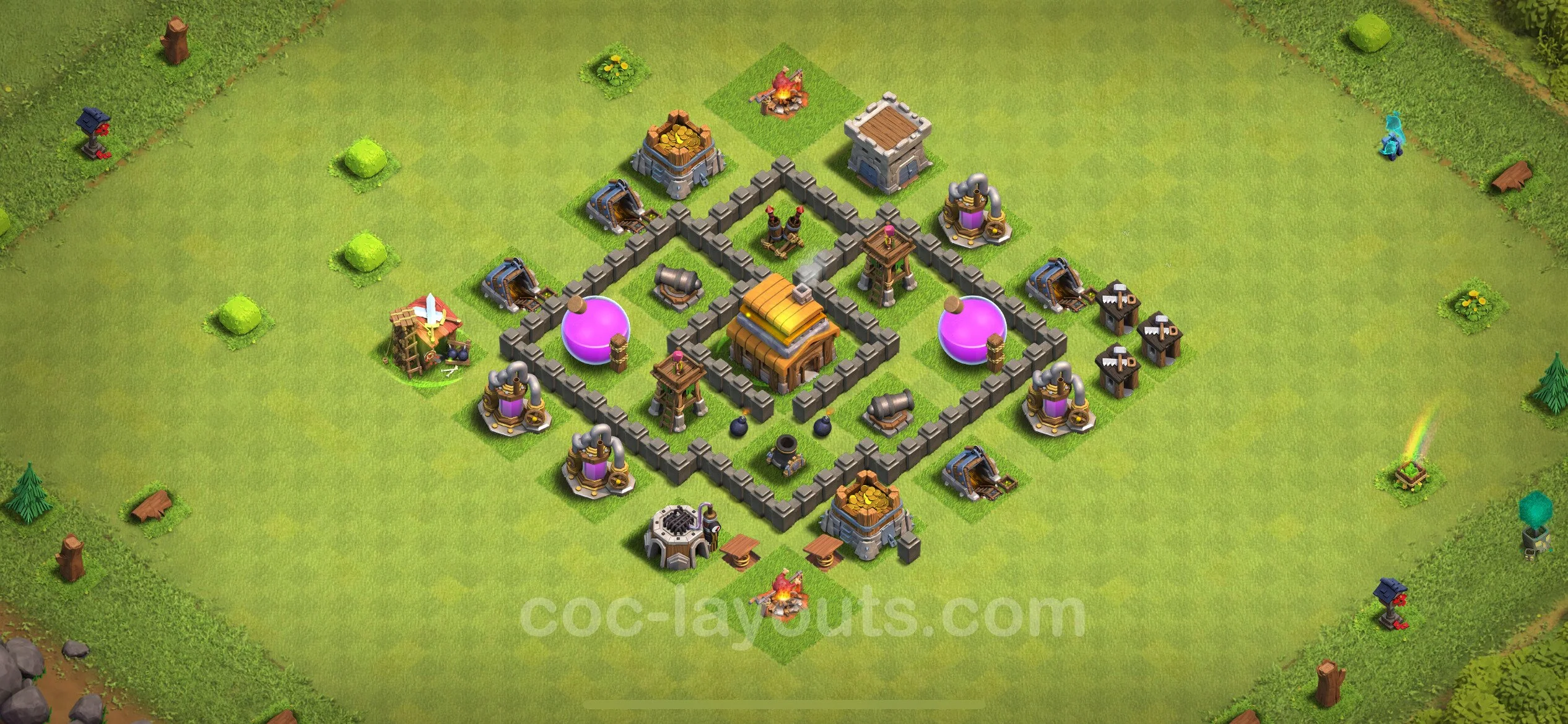Top Base TH4 with Link, Hybrid - Anti Everything Defence Plan - Clash of Clans - (#126) — Défense TH4