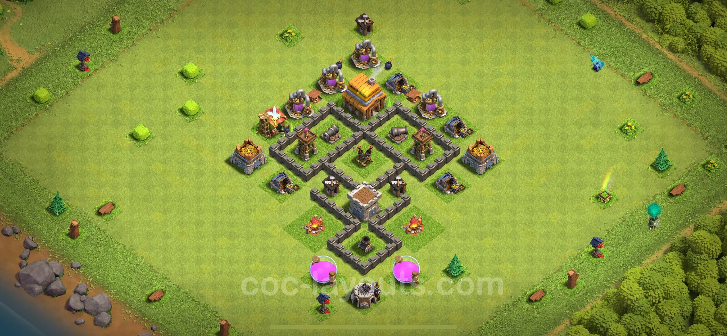 Anti 3 Stars Base TH4 with Link - best plan / layout / design - Clash of Clans - (#130) — Verdediging TH4