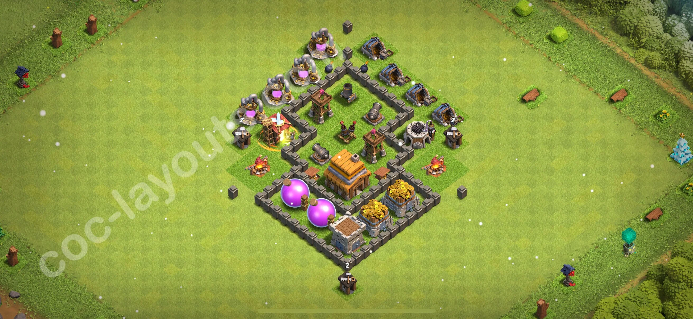 Top Base TH4 with Link, Hybrid - Anti Everything Defence Plan - Clash of Clans 2026 - (#132) — Verteidigung TH4