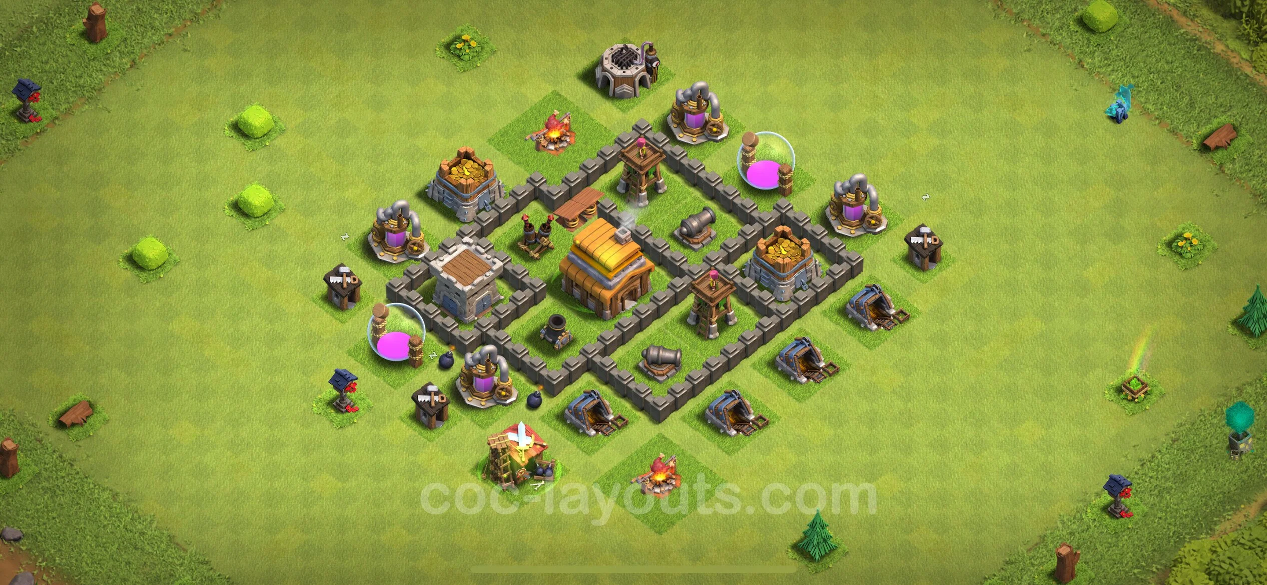 Base TH4 with Link, Anti 3 Stars Max Levels - defence plan / layout / design - Clash of Clans - (#133) — Défense TH4
