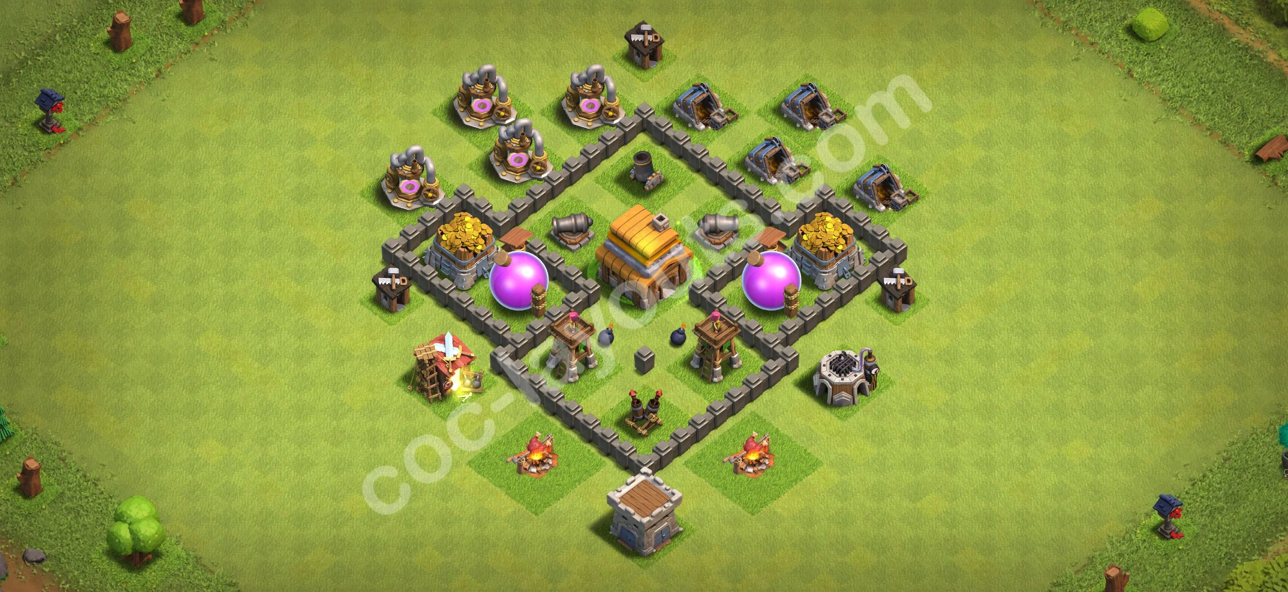 Base TH4 with Link, Hybrid Max Levels - defence plan / layout / design - Clash of Clans 2026 - (#136) — Obrona TH4