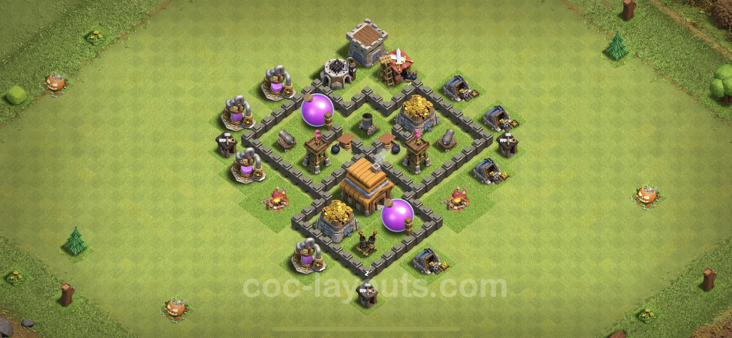 Base TH4 with Link, Hybrid Max Levels - defence plan / layout / design - Clash of Clans - (#54) — Obrona TH4