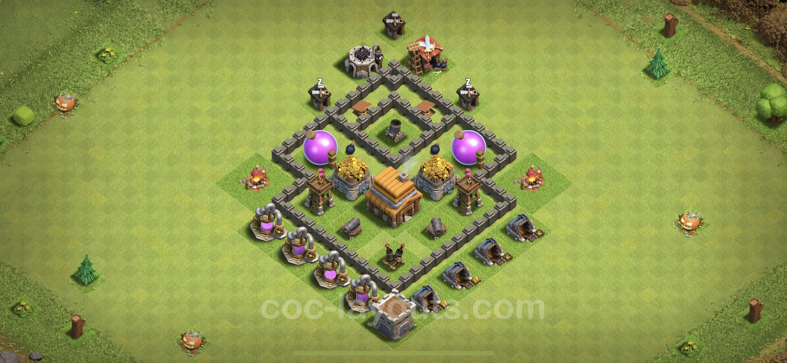 Base TH4 with Link, Hybrid Max Levels - defence plan / layout / design - Clash of Clans - (#55) — Obrona TH4