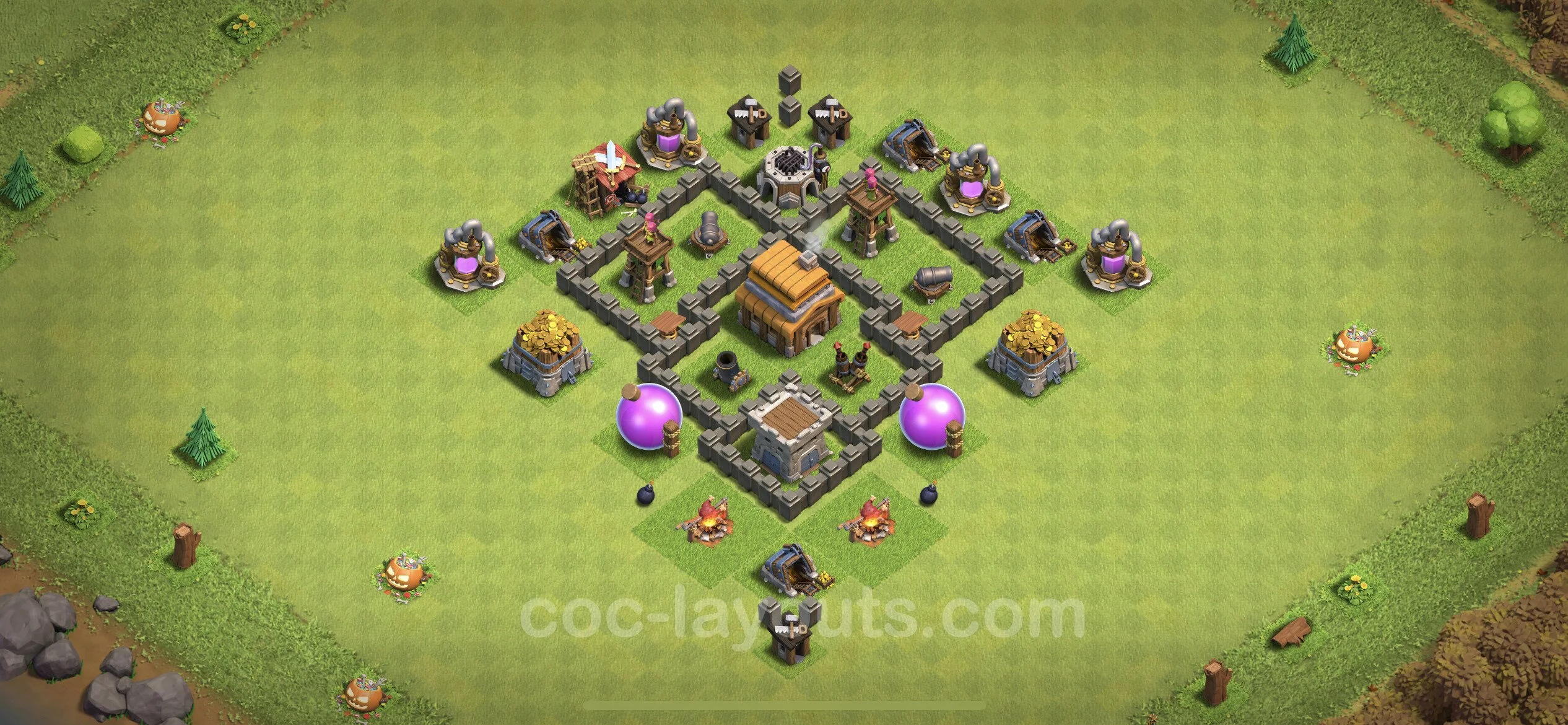Defense (Trophy) Base TH4 with Link, Anti Everything - plan / layout / design - Clash of Clans - (#57) — Défense TH4