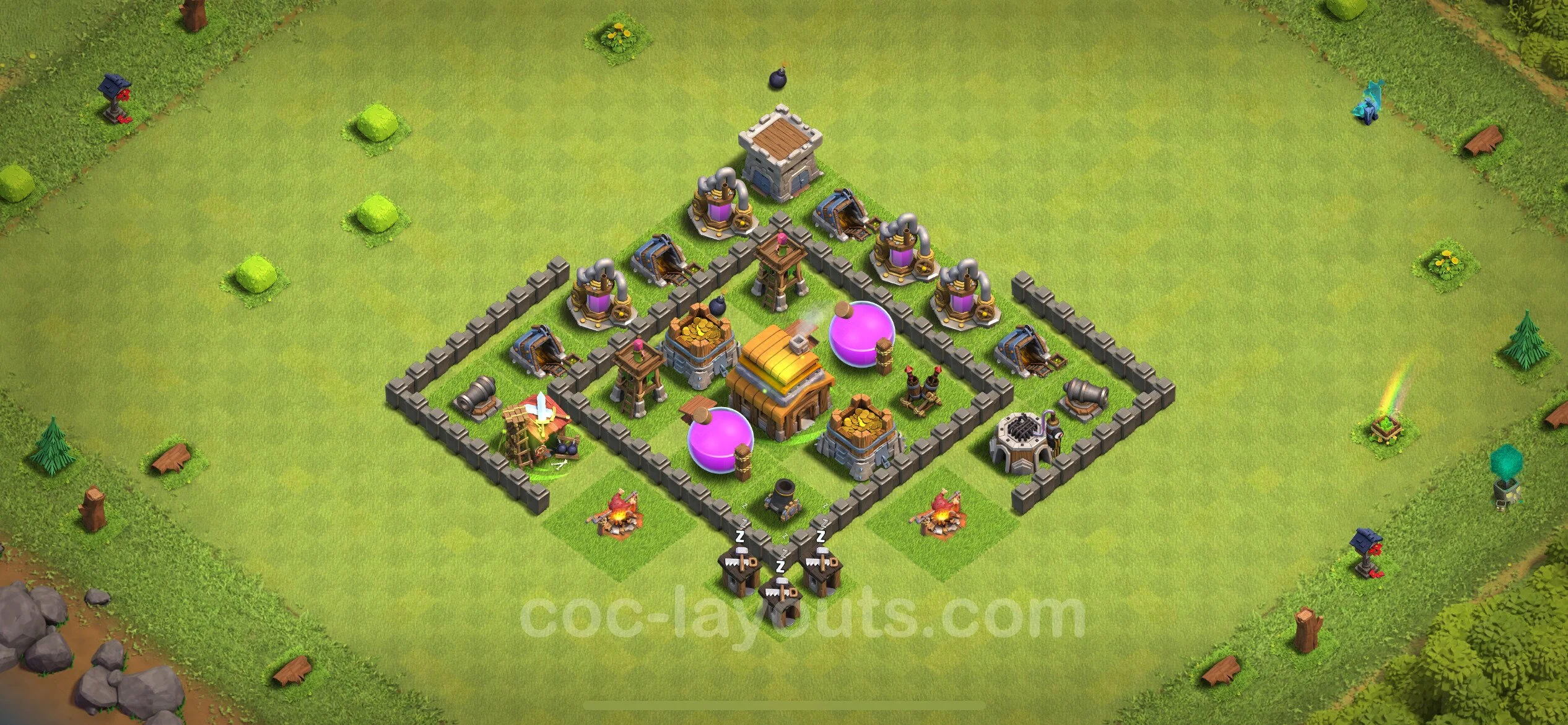 Farming Base TH4 with Link, Anti 3 Stars, Hybrid - plan / layout / design - Clash of Clans - (#114) — Farm TH4