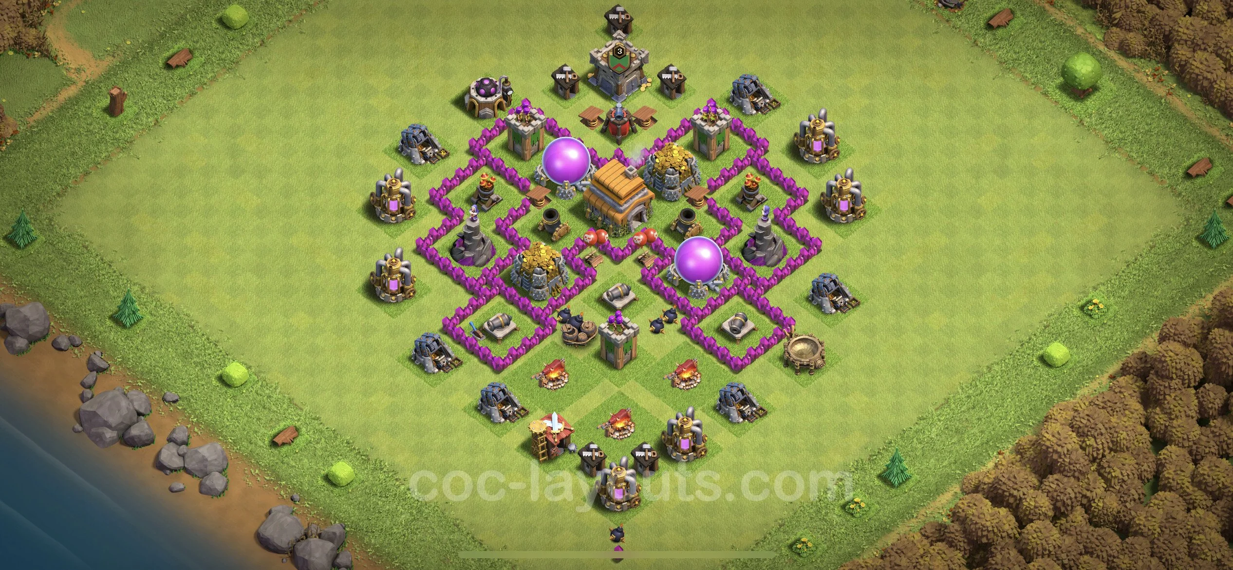 Farming Base TH6 with Link, Anti 3 Stars, Hybrid - plan / layout / design - Clash of Clans - (#143) — Recursos TH6