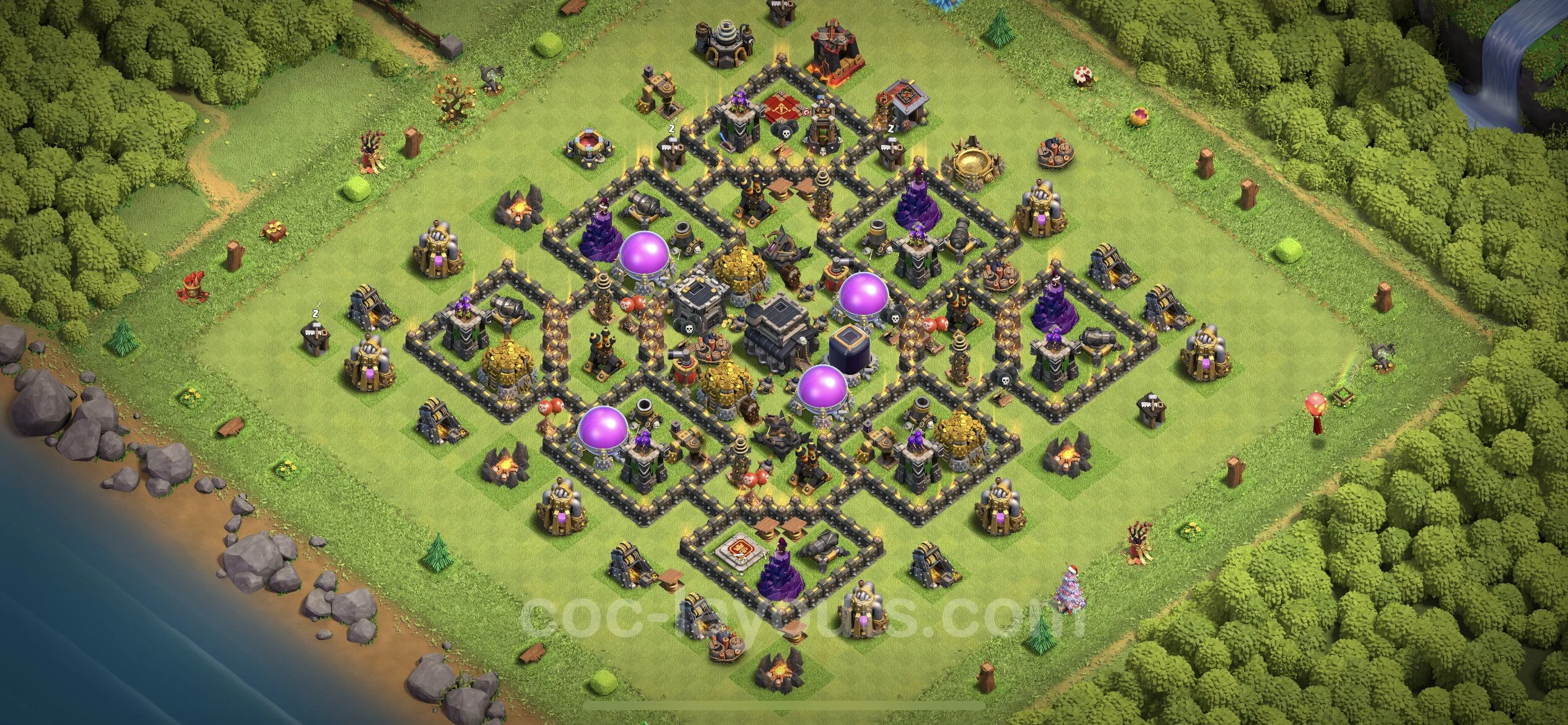 Base TH9 with Link, Anti Air / Dragon, Hybrid Max Levels - defence plan / layout / design - Clash of Clans - (#174) — Defense TH9